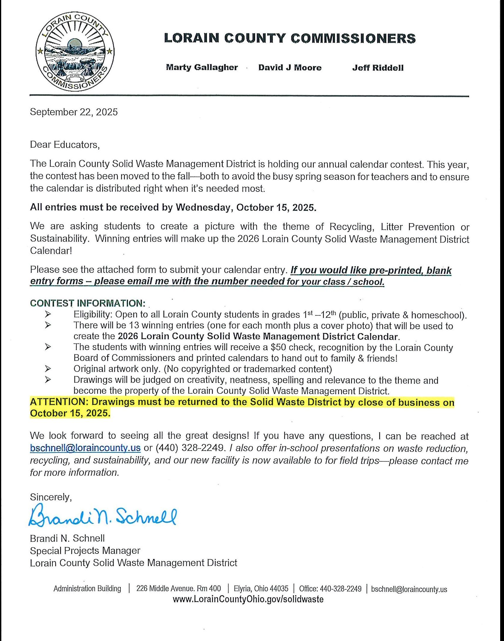 Calendar Contest - 2025 Letter to Teachers